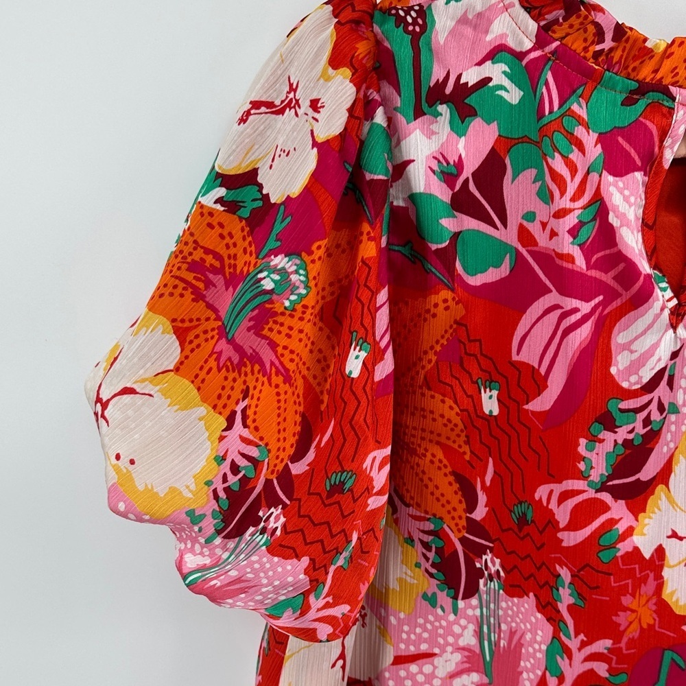 Hudson Gray Cottagecore Maximalism Boho Tropical Resort Floral Red/Pink Top SzM - Picture 7 of 13